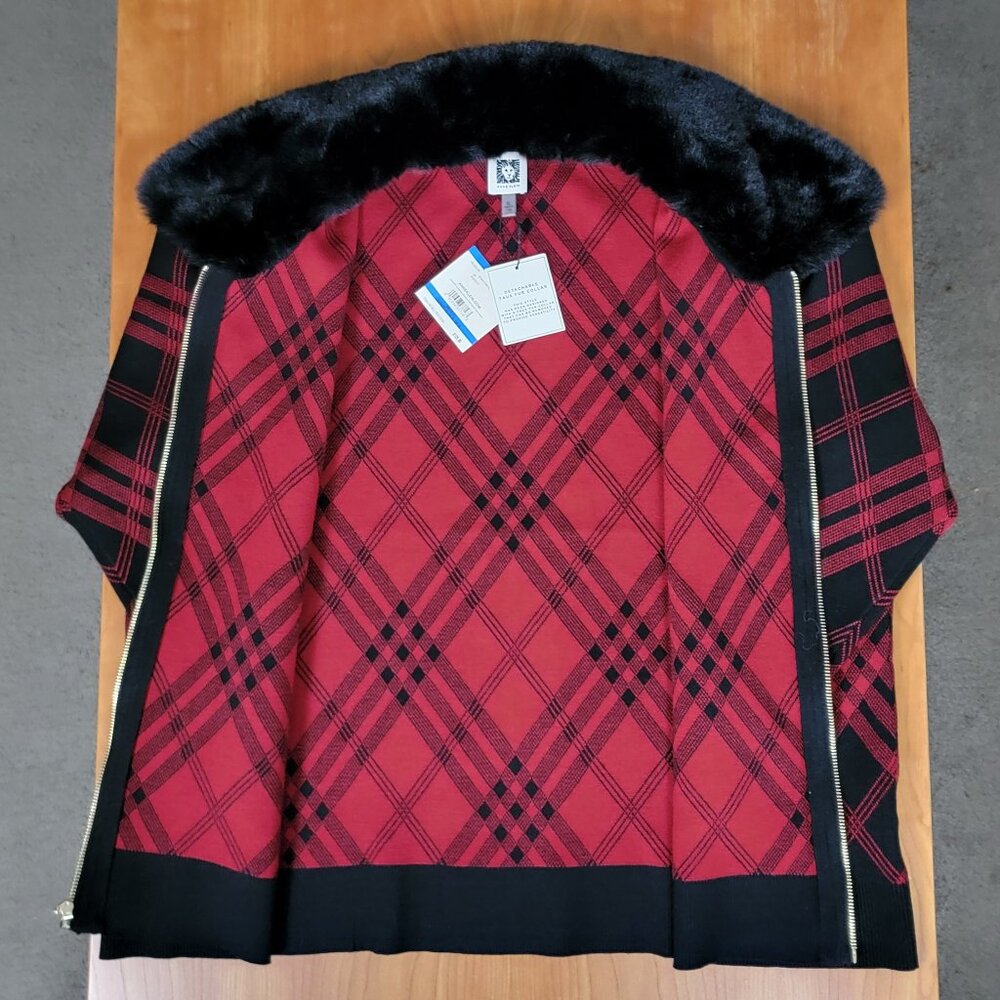 NWT Anne Klein Black & Red Full Zip Sweater Removable Faux Fur Collar - XL - Picture 8 of 15